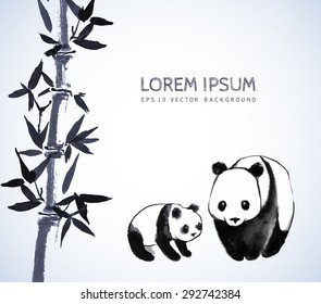 Bamboo and cute pandas. Watercolor painting. Vector illustration. svg