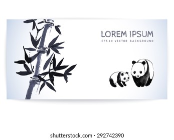 Bamboo and cute pandas. Watercolor painting. Vector illustration.