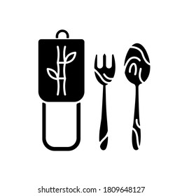 Bamboo cutlery black glyph icon. Eco friendly lifestyle, zero waste policy silhouette symbol on white space. Handmade wooden tableware, biodegradable fork and spoon vector isolated illustration