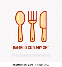 Bamboo cutlery set thin line icon. Modern vector illustration.