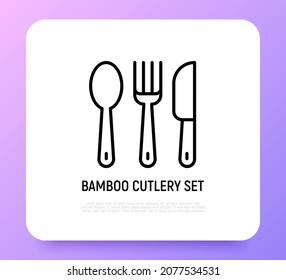 Bamboo cutlery set thin line icon. Zero waste. Modern vector illustration.