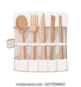 Bamboo cutlery set vector illustration. Cartoon isolated fabric case with chopsticks and knife, spoon and fork made from eco friendly biodegradable material, brown bamboo kitchen tools in pack