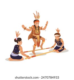 Bamboo Dance Traditional Sabah Borneo Cartoon Illustration Vector