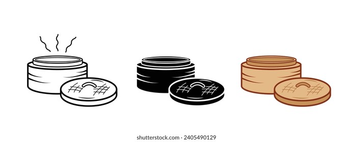 Ilustración del icono del vector del contenedor de vapor de yeso de bambú conjunto de colección aislada en fondo blanco plano. Sencillo plano y minimalista dibujo de dimsum de comida china con estilo de arte de dibujos animados.