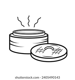 Bamboo dimsum steamer container vector icon illustration outline isolated on plain white background. Simple flat minimalist chinese food dimsum drawing with cartoon art style.