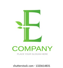 Bamboo E letter or alphabet vector logo template. This logo with symbol and leaf. Green color and suitable for business and culture of china.