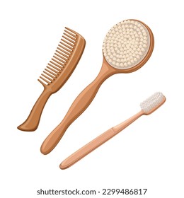 Bamboo eco tools set vector illustration. Cartoon isolated wooden beauty accessory collection, zero waste bamboo comb, massage brush and toothbrush to care and massage body skin, teeth and hair