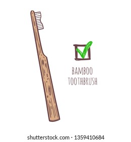 Bamboo eco-friendly teethbrush. Vector hand drawn illustration. Zero Waste concept