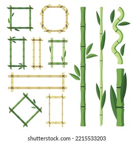 Bamboo elements set. Green fresh branches with leaves, dry frames cartoon collection isolated on white background. Design element. Flat vector illustration