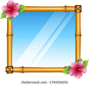 Bamboo Exotic Decorated Mirror Frame with Flowers. Vector Illustration