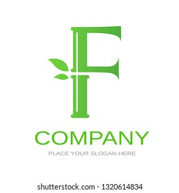 Bamboo F letter or alphabet vector logo template. This logo with symbol and leaf. Green color and suitable for business and culture of china.