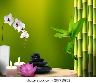 Bamboo, flower, stone, wax on the table. vector
