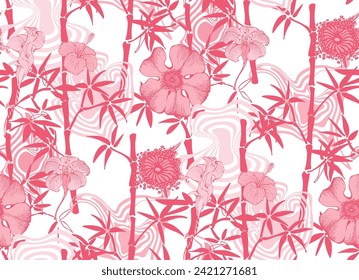 
Bamboo and flowers. Seamless pattern.  In style Toile de Jou. Vector illustration. Suitable for fabric, wrapping paper, digital paper, wallpaper and the like