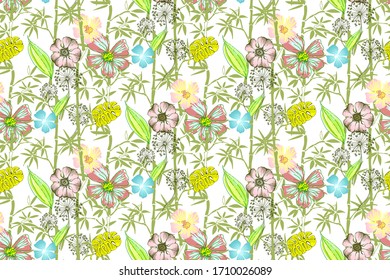 Bamboo and flowers. Seamless pattern. Vector illustration. Suitable for fabric, wrapping paper, digital paper, wall paper and the like