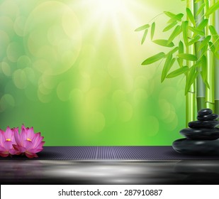 Bamboo, flowers, stone background  on the big stone . vector