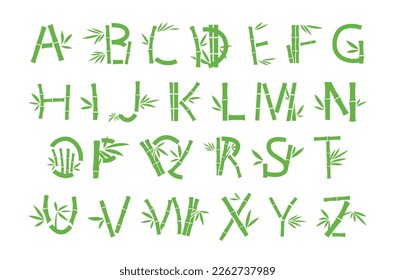 Bamboo font green stick abc English letters alphabet vector flat illustration. Tropical plant leaves lettering symbol for message note writing typescript typeset exotic tree branches language sign