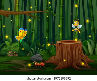 A bamboo forest background with insects and fireflies