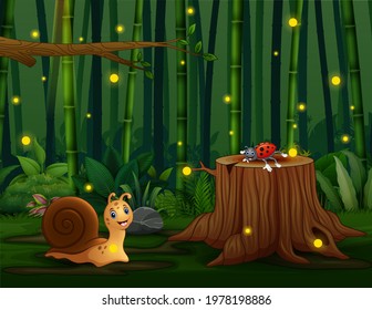 A bamboo forest background with insects illustration