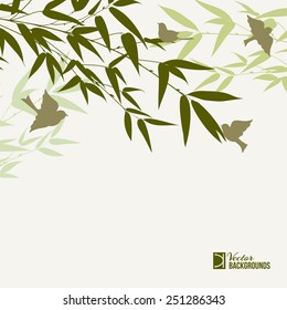 Bamboo forest card with bird over fog sky on backside. Vector illustration.