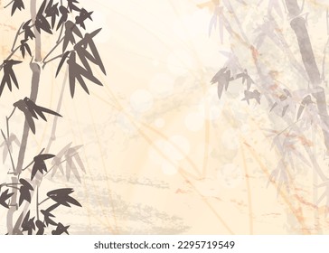 Bamboo forest. Ink wash textured paper. Oriental style illustration for background use. Bright design can be used for card or banner, meditation announcement, brochure template. Beige frame wallpaper.