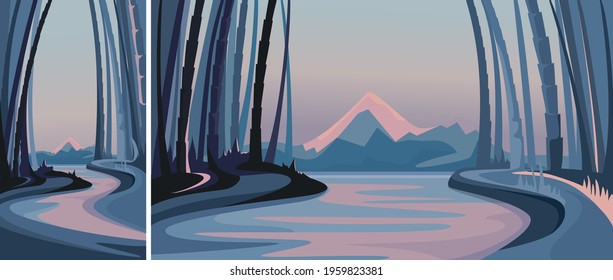 Bamboo forest on the background of mountains. Nature scenery in vertical and horizontal orientation.