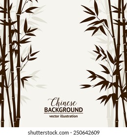 Bamboo forest over fog sky on backside, design card. Vector illustration.