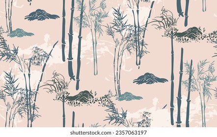 bamboo forest pastel japanese chinese traditional vector illustration card background seamless pattern colorful watercolor ink textured