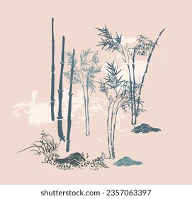 bamboo forest pastel japanese chinese traditional vector illustration card background colorful watercolor ink textured