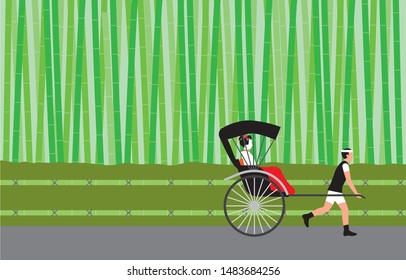 Bamboo forest and rickshaw . Vector material