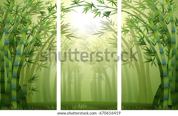 Bamboo forest scenes with mist mural wallpaper illustration