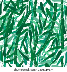 Bamboo forest seamless pattern texture on white background. Leaves branches stem bamboo wallpaper. Rainforest backdrop. Summer design for fabric, textile print, wrapping paper, home textile.