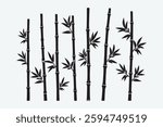 bamboo forest stems, jungle bamboo silhouettes with branches and leaves, decorative vector illustration set