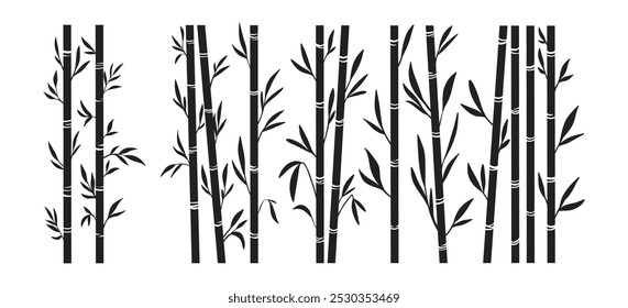Bamboo forest stems. Jungle bamboo stems silhouettes, bamboo branches with leaves, decorative bamboo flat vector illustration set. Black ink trees on white background