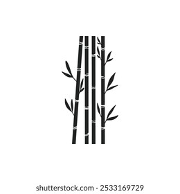 Bamboo forest stems. Jungle bamboo stems silhouettes, bamboo branches with leaves, decorative bamboo flat vector illustration icon. Black ink trees on white background.