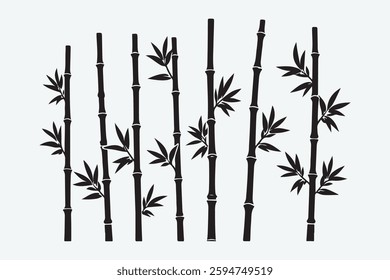 bamboo forest stems, jungle bamboo silhouettes with branches and leaves, decorative vector illustration set