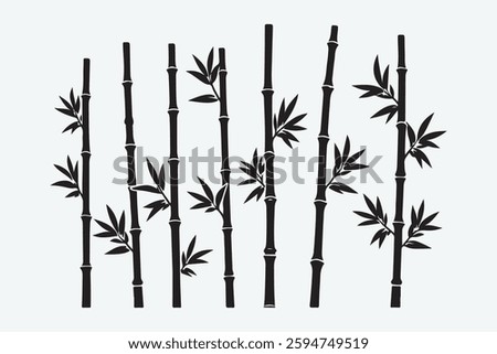 bamboo forest stems, jungle bamboo silhouettes with branches and leaves, decorative vector illustration set