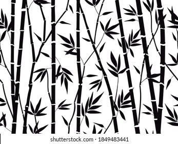 Bamboo forest texture. Bamboo forest silhouette, bamboo plants with leaves backdrop, asian bamboo stalks pattern vector background illustration. Tree branches with foliage for fabric