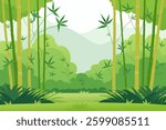 Bamboo forest, tropical jungle branches, bamboo grove with tropical forest background and exotic plant leaves. Vector illustration of bamboo thicket.