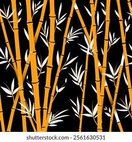 Bamboo forest with tropical leaves. Beautiful repeating print with hand drawn exotic plants. Botanical swimsuit design. Vector