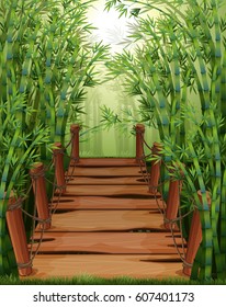 Bamboo forest with wooden bridge illustration