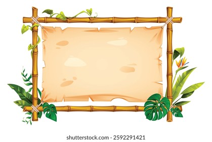 Bamboo frame adorned with tropical leaves, vines, and flower, framing an empty parchment paper. Vector cartoon illustration