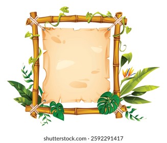 Bamboo frame decorated with leaves, vines, and tropical plants, perfect for nature themed designs with an empty parchment. Vector cartoon illustration