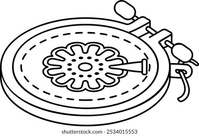 Aro del bordado del marco de bambú con el concepto isométrico del contorno de las agujas, arte de decorar el icono del Vector de la tela, símbolo de la costura de encargo, signo de la ropa hecha a medida, materiales de Sewist