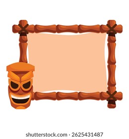 Bamboo frame with empty canvas and tiki mask representing tropical culture and summer vibes