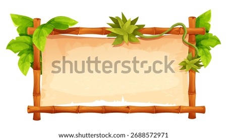 Bamboo frame with empty parchment with jungle leaves and vine. Themed projects game ui border, menu. Old paper textured, bamboo border.