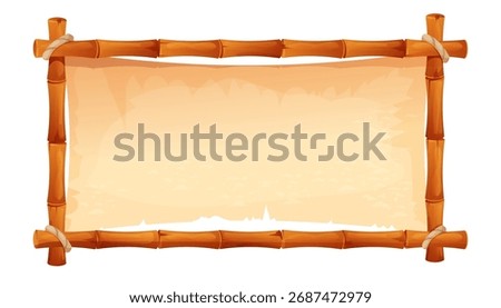 Bamboo frame with empty parchment, rope on corners. Themed projects game ui border, menu. Old paper textured, bamboo border.