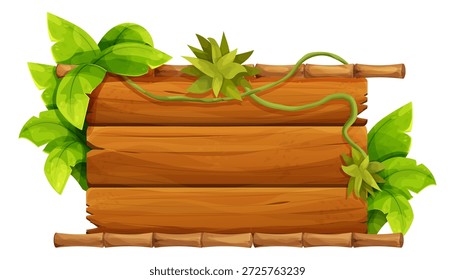 Bambusrahmen mit leeren Holzplanken, Dschungelblättern und Weinreben. Thematische Projekte Spiel ui border, menu. Altes Papier strukturiert, Bambusrand.