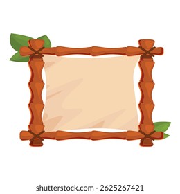 Bamboo frame is holding empty canvas decorated with tropical leaves, creating exotic advertisement space