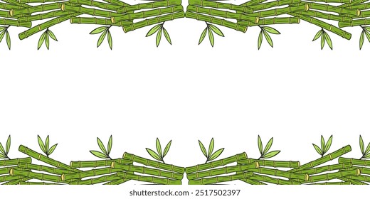 Bamboo frame, horizontal banner with green sticks, hand drawn bamboo doodles on white background.