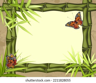 Bamboo frame in illustration.Vector illustration with butterflies and bamboo frame on colored paper.